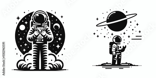 A Astronaut feeling awe. Career Job Profession Occupation Employment Work Clipart Line Art Vector Illustration. Cosmonaut encountering wonder during cosmic journey astronautics emotion.