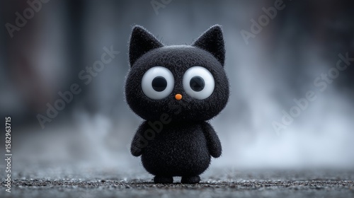 Classic Halloween black cat figurine with googly eyes on a hazy white blur, spooky retro fun, playful eerie