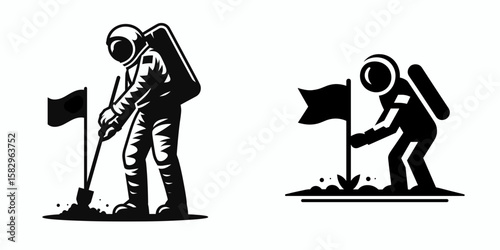 A Astronaut planting flag. Career Job Profession Occupation Employment Work Clipart Line Art Vector Illustration. Space explorer setting emblem on planet terrain during cosmic mission.