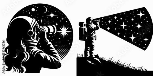 A Astronaut observing stars. Career Job Profession Occupation Employment Work Clipart Line Art Vector Illustration. Cosmonaut views distant celestial body exploring the black night sky.