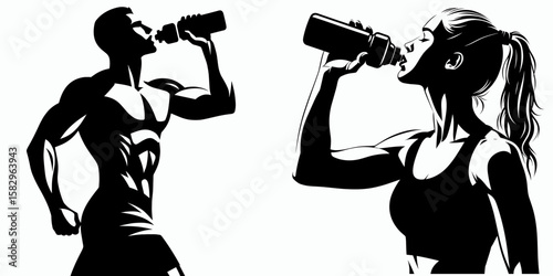 A Athlete drinking water. Career Job Profession Occupation Employment Work Clipart Line Art Vector Illustration. Sportsman hydrates himself with potable liquid following physical activity.
