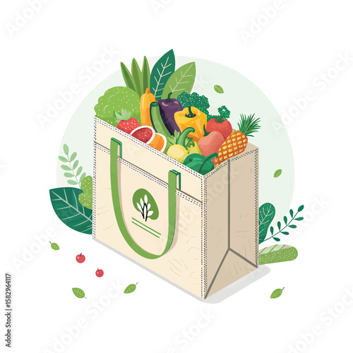 Isometric reusable shopping bag overflowing with fresh produce