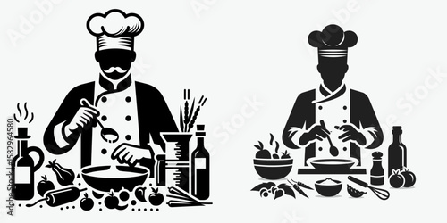A Chef organizing ingredients. Career Job Profession Occupation Employment Work Clipart Line Art Vector Illustration. Culinary expert arranging supplies for meal preparation at eatery.