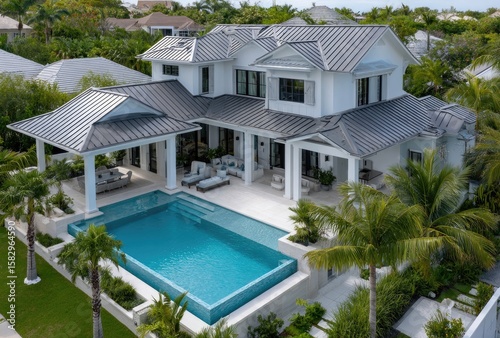 A bird's eye view of an entire modern two-story house with a grey metal roof