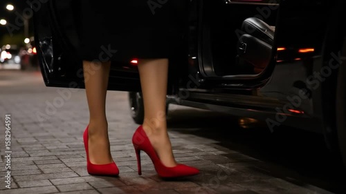 Woman stepping out of black car while wearing red high heels  