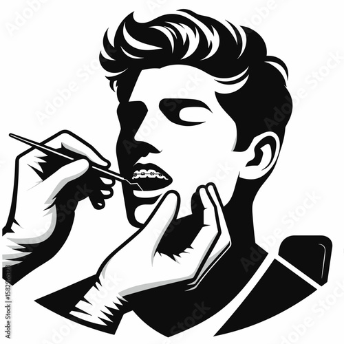 A Dentist applying braces. Career Job Profession Occupation Employment Work Clipart Line Art Vector Illustration. Dental expert affixes tooth aligner promoting better oral health and great.