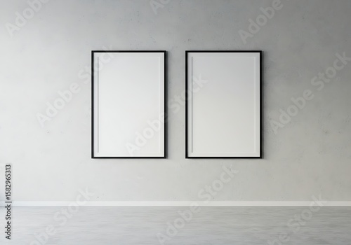 Two blank framed pictures mounted on a textured, light-colored wall, simple and minimalist.