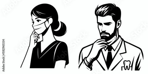 A Dentist feeling focused. Career Job Profession Occupation Employment Work Clipart Line Art Vector Illustration. Dental expert enjoying concentration picture theme for clarity at.