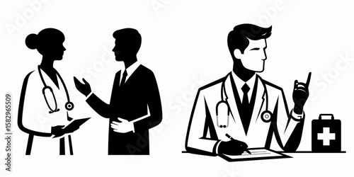 A Doctor explaining diagnosis. Career Job Profession Occupation Employment Work Clipart Line Art Vector Illustration. medic giving health problem clarification illness assessment guidance.
