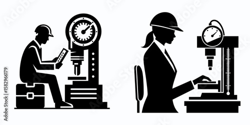 A Engineer testing machine. Career Job Profession Occupation Employment Work Clipart Line Art Vector Illustration. Inspector device for quality control and material assessment via technician.
