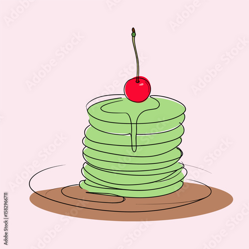 An appetizing stack of green pancakes topped with a vibrant red cherry, rendered in a minimalist, illustrative style against a light pink background.