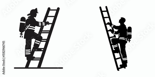 A Firefighter climbing ladder. Career Job Profession Occupation Employment Work Clipart Line Art Vector Illustration. Rescuer ascending tall portable stairs for blaze combat and citizen.