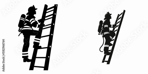 A Firefighter climbing ladder. Career Job Profession Occupation Employment Work Clipart Line Art Vector Illustration. Rescuer ascending tall portable stairway emergency worker using.
