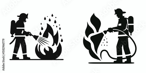 A Firefighter extinguishing fire. Career Job Profession Occupation Employment Work Clipart Line Art Vector Illustration. Rescue worker controls blaze urgent situation needs bravery.