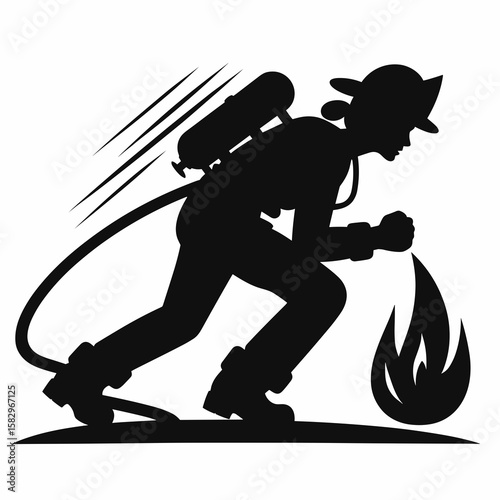 A Firefighter training hard. Career Job Profession Occupation Employment Work Clipart Line Art Vector Illustration. Emergency responder preparation rigorous drills for rescue.