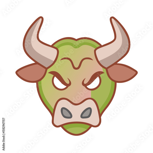Stylized illustration of an angry green bull head with large horns and a black background