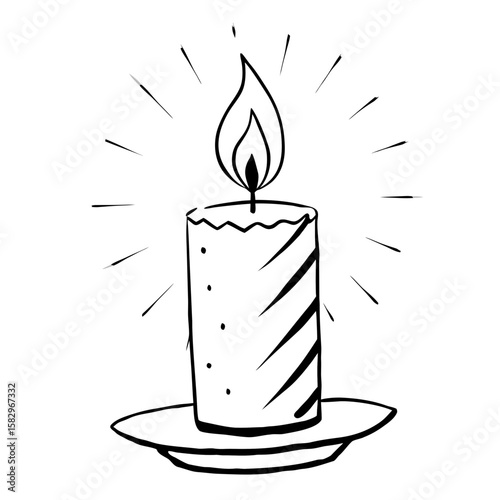 Decorative candle with flame on round plate emitting light  