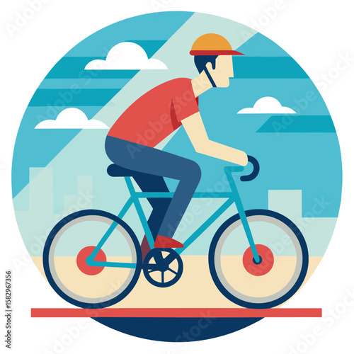 Man riding a bicycle in the city with a helmet and clouds