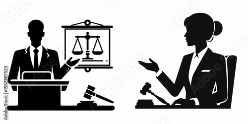 A Lawyer presenting in court. Career Job Profession Occupation Employment Work Clipart Line Art Vector Illustration. Attorney giving legal argument during trial session before the judge.