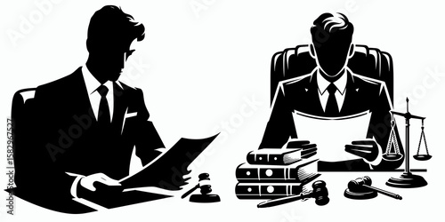 A Lawyer reading legal documents. Career Job Profession Occupation Employment Work Clipart Line Art Vector Illustration. Attorney examine official paperwork advocate review judicial.