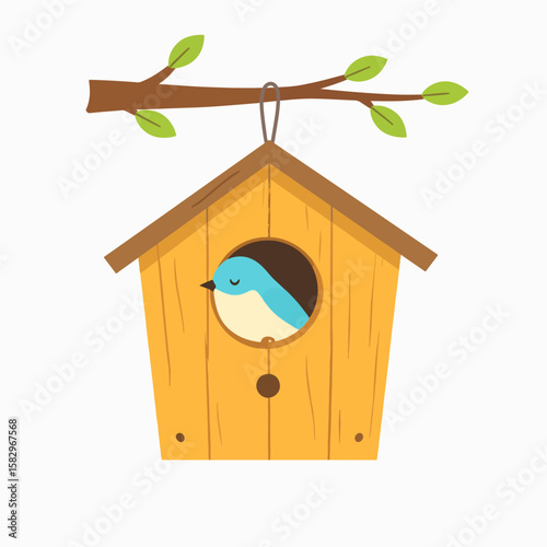 Charming cartoon illustration of a bluebird nestled inside a wooden birdhouse hanging from a leafy branch, conveying a sense of spring, nature, and cozy home.