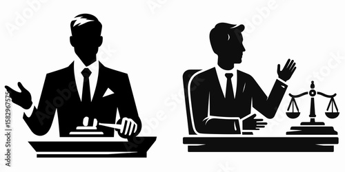 A Lawyer presenting in court. Career Job Profession Occupation Employment Work Clipart Line Art Vector Illustration. Advocate giving argument before judge inside lawful hearing at tribunal.