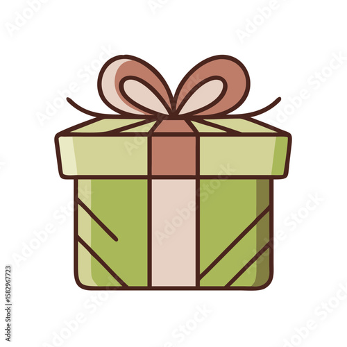 Simple flat design illustration of a green gift box with a pink bow and ribbon