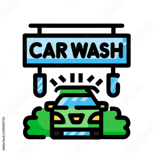 Green car at an automated car wash with a sign overhead