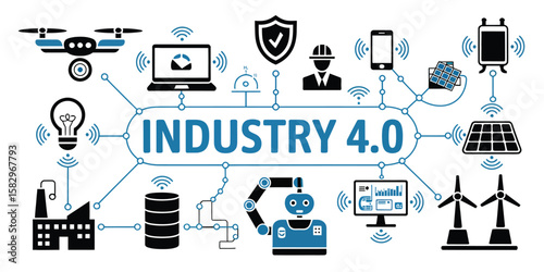 Future Manufacturing Infographic – Vector Illustration of Industry 4.0 Factory Using Automation, Connectivity, AI, and Smart Technology for Advanced Production and Industrial Innovation

