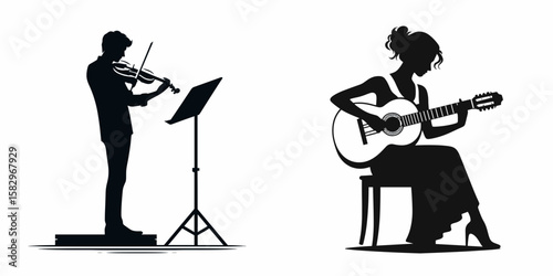 A Musician practicing alone. Career Job Profession Occupation Employment Work Clipart Line Art Vector Illustration. An instrumentalist training independently solitary musical form.