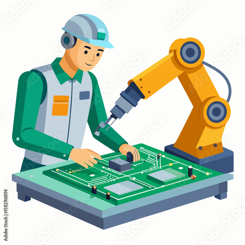 An engineer in a hard hat is working on a circuit board with a robotic arm, showcasing technology, engineering, automation, and precision in a modern industrial setting.