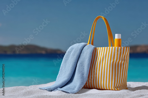 Beach bag, towel, and sunscreen resting on white sand beach overlooking turquoise water