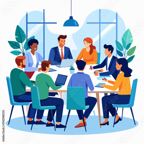 Diverse team in business attire engaged in a dynamic meeting, discussing strategies and collaborating with laptops and tablets in a bright office setting.