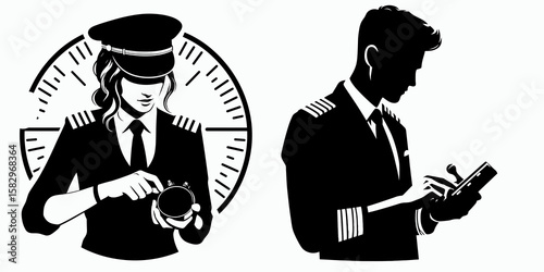 A Pilot checking instruments. Career Job Profession Occupation Employment Work Clipart Line Art Vector Illustration. Aviator verifying gear ensuring plane control panel function.