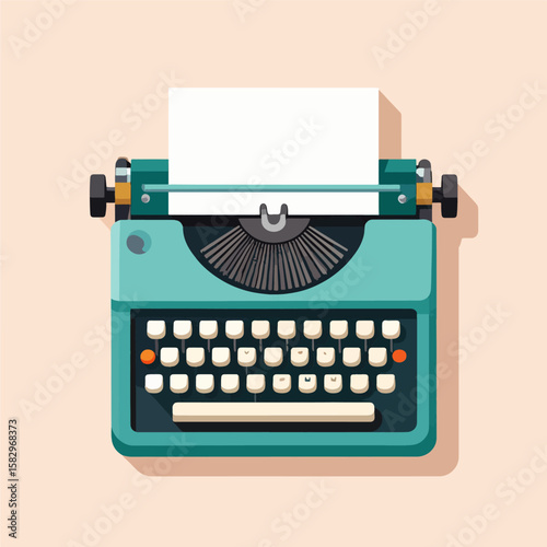 Top-down vector illustration of a stylish turquoise vintage typewriter with a blank sheet of paper, perfect for concepts related to writing, journalism, and retro design.