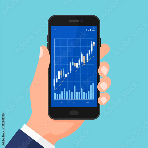 Animated depiction of a hand holding a smartphone, displaying an ascending stock market chart with candlestick patterns, representing investment and financial growth.