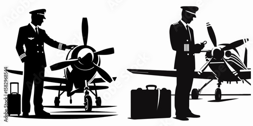 A Pilot inspecting aircraft. Career Job Profession Occupation Employment Work Clipart Line Art Vector Illustration. Aviator checking plane before journey ensuring vehicle for air travel.