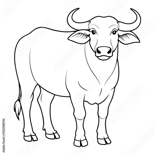 Line art illustration of a buffalo standing in profile view  