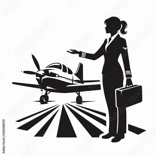 A Pilot inspecting aircraft. Career Job Profession Occupation Employment Work Clipart Line Art Vector Illustration. Aviator checking plane before travel air vehicle examination for safety.