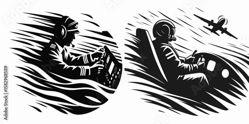 A Pilot navigating turbulence. Career Job Profession Occupation Employment Work Clipart Line Art Vector Illustration. Aviator handling rough air current flight safety during bumpy airplane.