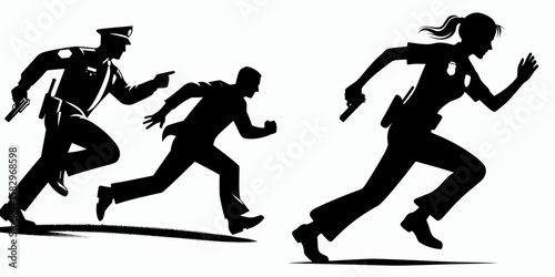 A Police officer chasing suspect. Career Job Profession Occupation Employment Work Clipart Line Art Vector Illustration. law enforcer pursue fugitive public safety in action security.