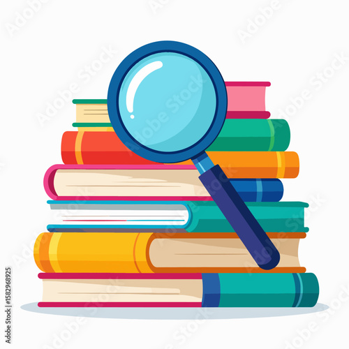 A stack of colorful books with a magnifying glass, representing research, education, and the joy of learning, against a clean white background.