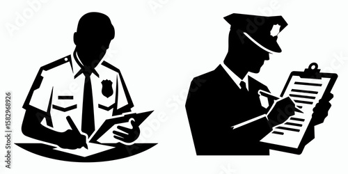 A Police officer writing report. Career Job Profession Occupation Employment Work Clipart Line Art Vector Illustration. Law enforcement agent preparing document completing official.