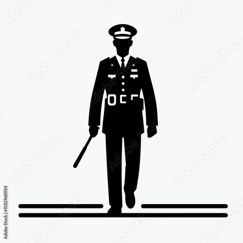 A Police officer patrolling street. Career Job Profession Occupation Employment Work Clipart Line Art Vector Illustration. Law enforcement agent on duty keeping watch along the avenue.