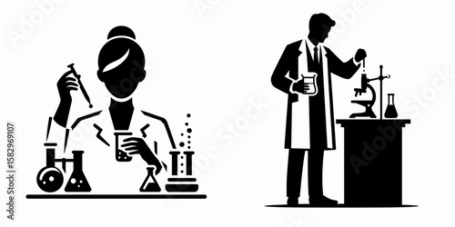 A Scientist conducting experiment. Career Job Profession Occupation Employment Work Clipart Line Art Vector Illustration. Investigator performing study at lab research for knowledge.