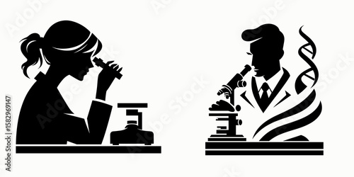 A Scientist looking through microscope. Career Job Profession Occupation Employment Work Clipart Line Art Vector Illustration. An analyst viewing tiny object via optic instrument.
