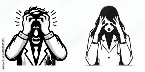A Scientist showing frustration. Career Job Profession Occupation Employment Work Clipart Line Art Vector Illustration. Researcher displaying annoyance experiment not working concern about.