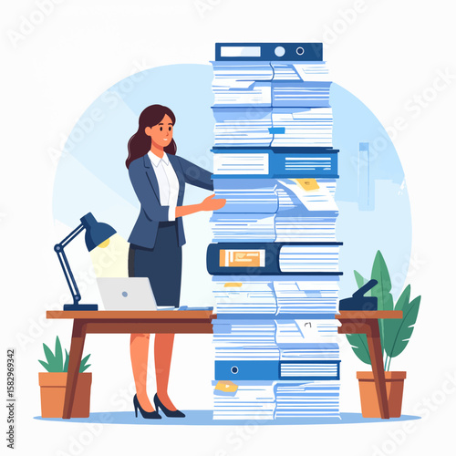 A woman stands next to a massive pile of paperwork on her desk, highlighting the challenges and burdens of excessive workload and document management in an office environment.