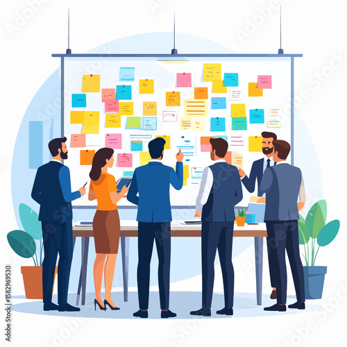 Business team brainstorming ideas on a whiteboard with colorful sticky notes, planning a project, collaborating, and discussing strategy in a modern office environment.