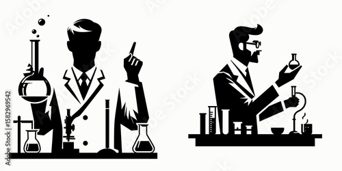 A Teacher conducting science experiment. Career Job Profession Occupation Employment Work Clipart Line Art Vector Illustration. Educator performing lab work learning exploration.
